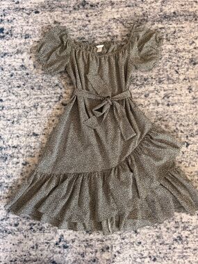 H&M Olive Green Puff Sleeve Tiered Midi Dress with Waist Tie